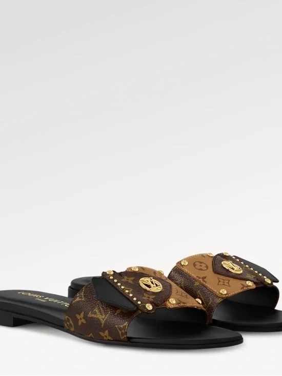 Louis Vuitton Brown Monogram & Black Leather Slide Sandals with Gold Accents - Picture 1 of 1